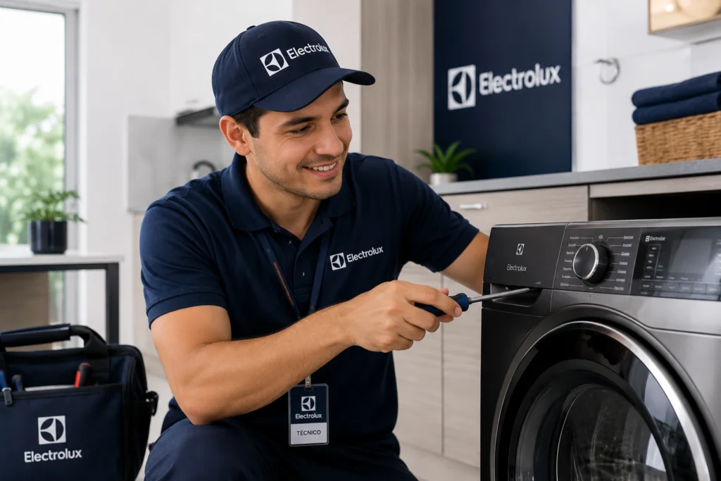 Técnico autorizado Electrolux reparando una lavadora en Guayaquil