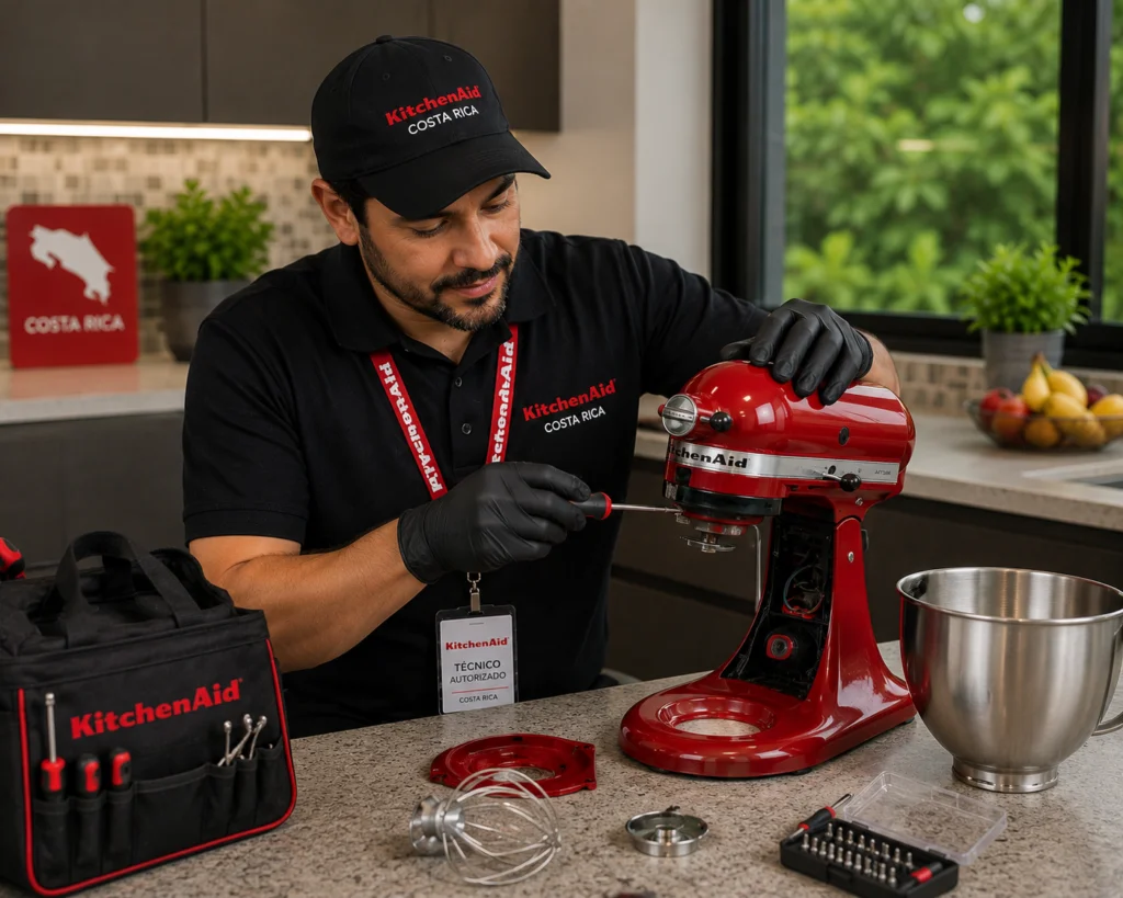 Técnico autorizado KitchenAid reparando una batidora Artisan en Guayaquil
