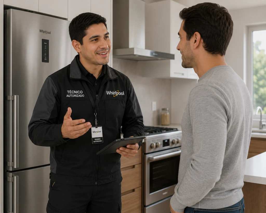 Técnico autorizado Whirlpool explicando un diagnóstico a un cliente en Guayaquil